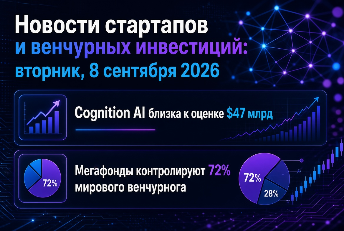 Noticias de startups y inversiones de riesgo: martes, 8 de septiembre de 2026 — Cognition AI cerca de una valoración de $47 mil millones, y los megafondos controlan el 72% del mercado mundial de capital de riesgo