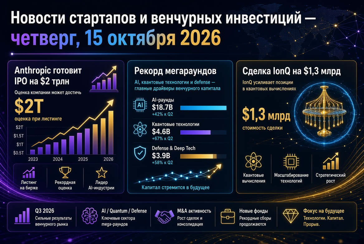 Noticias de startups y capital de riesgo — jueves, 15 de octubre de 2026: Anthropic prepara IPO de $2 billones, récord de rondas de inversión y acuerdo de IonQ por $1.3 billones.