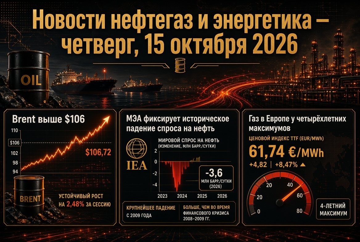 Noticias de petróleo y gas — jueves 15 de octubre de 2026: Brent por encima de $106, la AIE fija una caída histórica en la demanda de petróleo, gas en Europa en máximos de cuatro años.