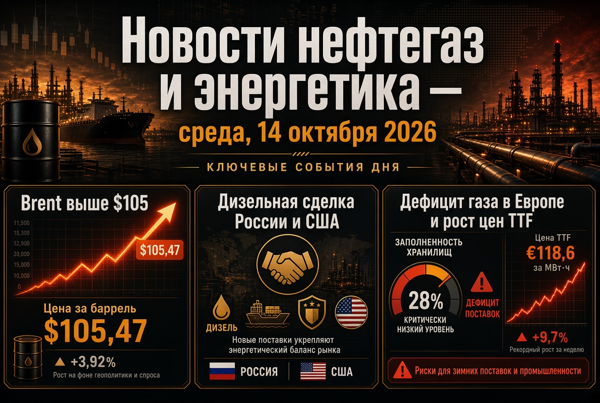 Noticias de petróleo y energía — miércoles, 14 de octubre de 2026: Brent supera los $105, acuerdo diésel entre Rusia y Estados Unidos, escasez de gas en Europa.