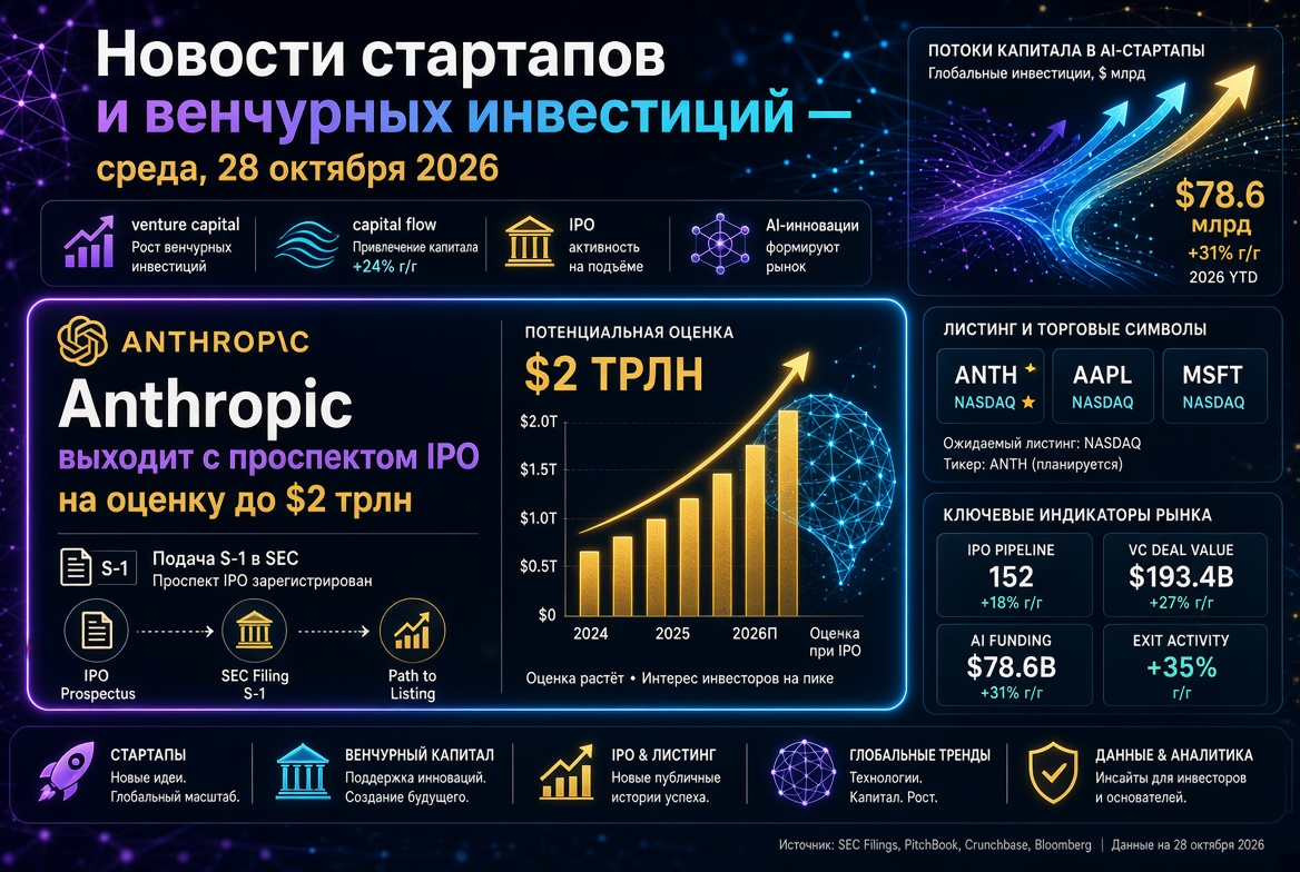 Noticias de startups e inversiones de capital de riesgo — miércoles, 28 de octubre de 2026: Anthropic sale con un prospecto IPO valorado en hasta $2 billones