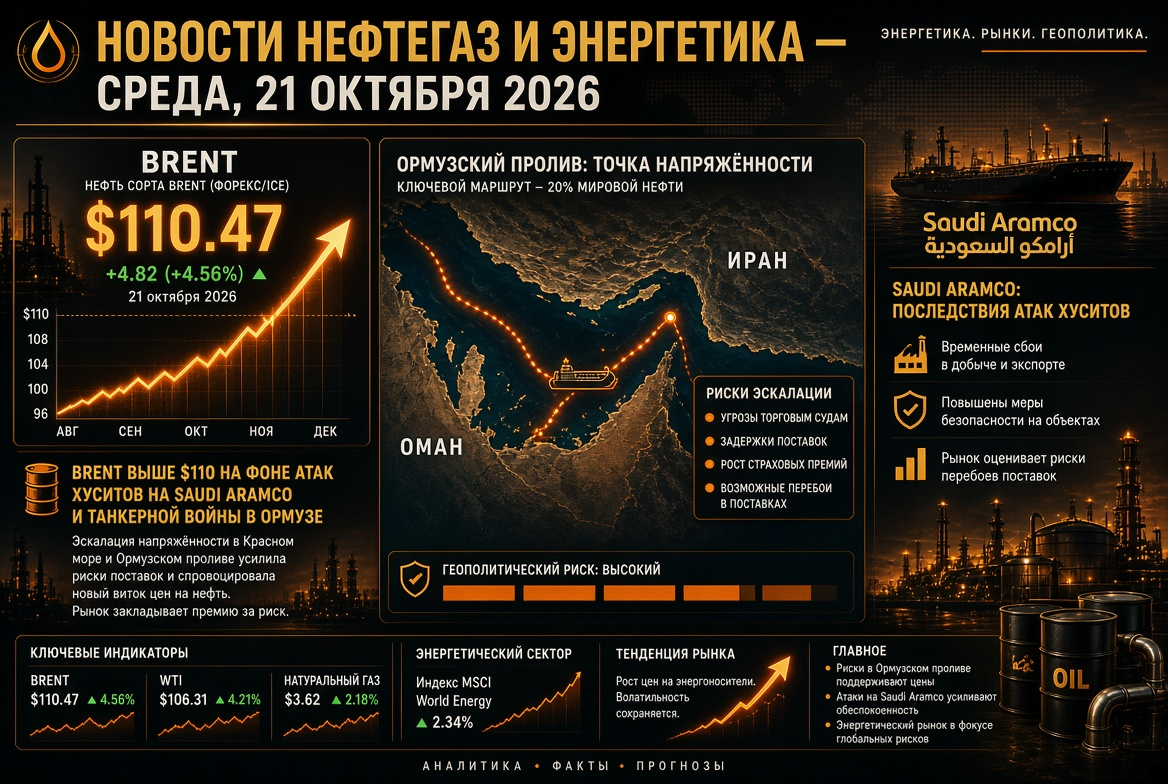 Noticias de petróleo y gas y energía — miércoles, 21 de octubre de 2026: Brent por encima de $110 en medio de ataques de los hutíes a Saudi Aramco y guerra de tanqueros en Ormuz