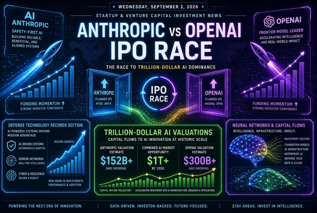 Noticias de startups e inversiones de capital de riesgo — miércoles, 2 de septiembre de 2026: la carrera de OPI de Anthropic y OpenAI, valoraciones de IA en los billones y récords en tecnología de defensa